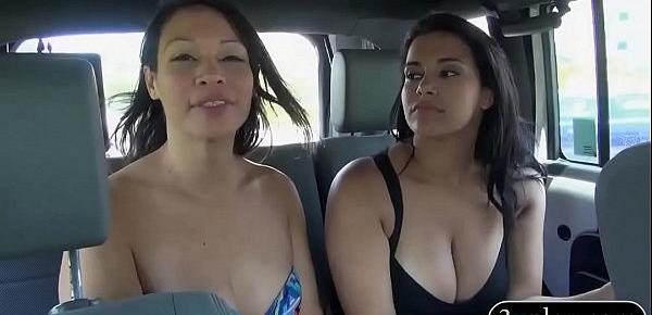  Two ladies convinced to flash big boobs for some cash